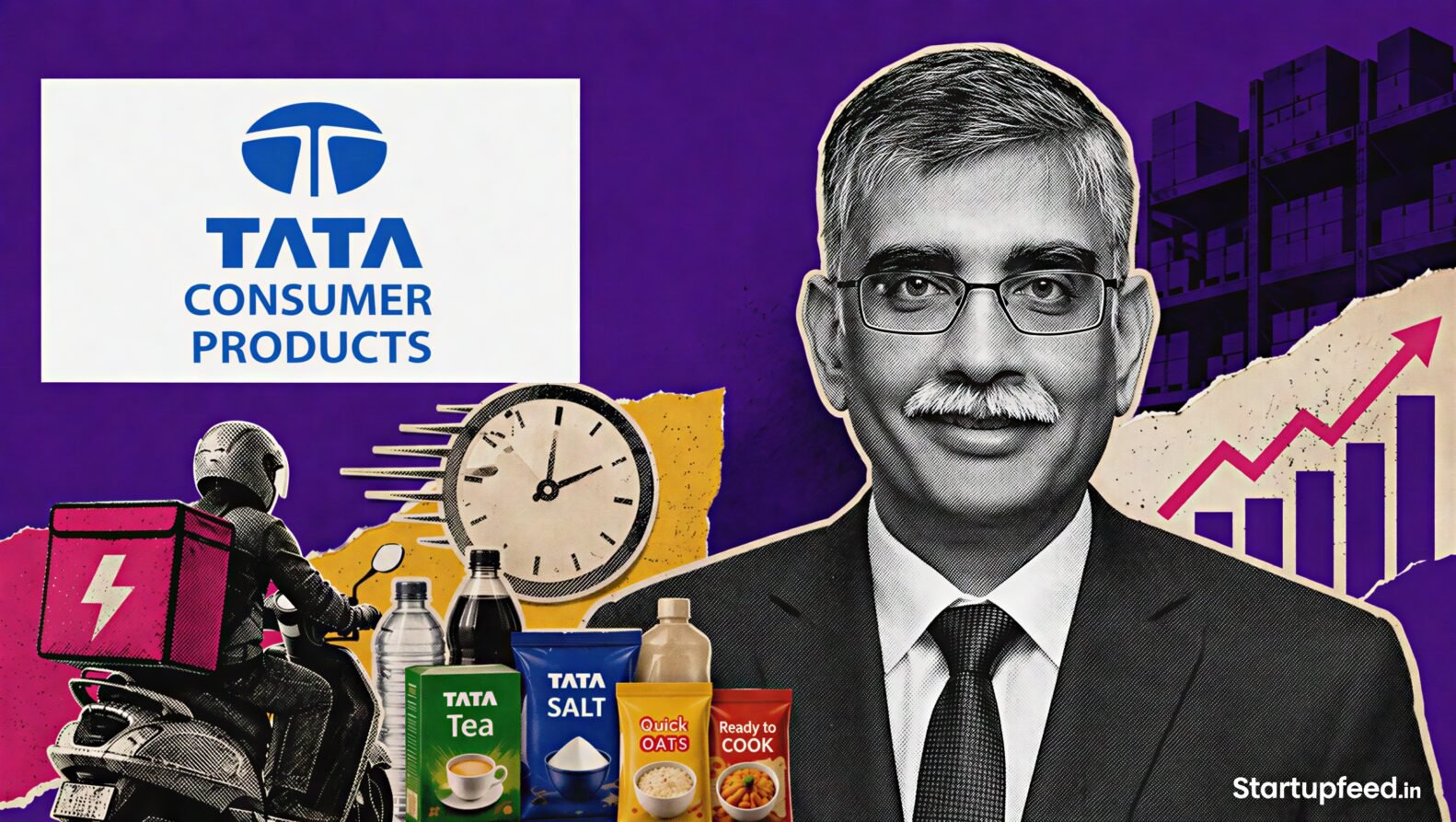 Quick Commerce Squeeze visual with Sunil D’Souza, Tata Consumer logo, delivery bag, clock motif and FMCG products
