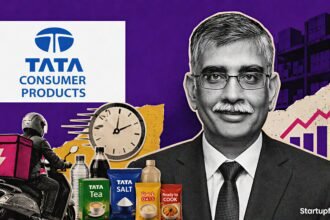 Quick Commerce Squeeze visual with Sunil D’Souza, Tata Consumer logo, delivery bag, clock motif and FMCG products