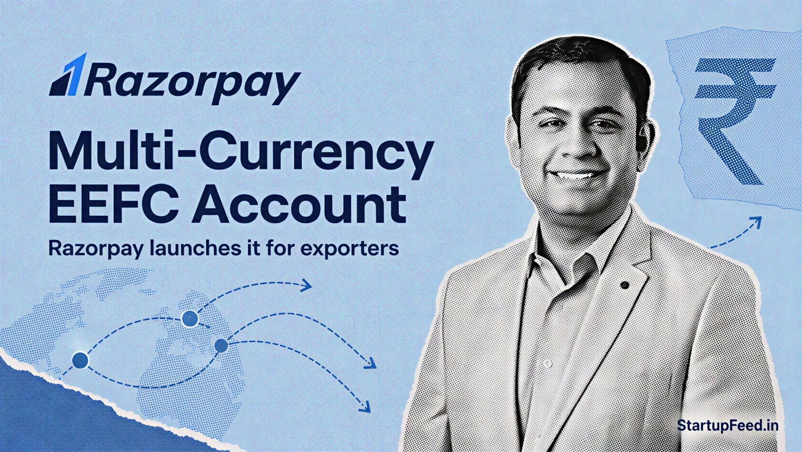 Razorpay Multi-Currency EEFC Account shown with Harshil Mathur and exporter settlement symbols