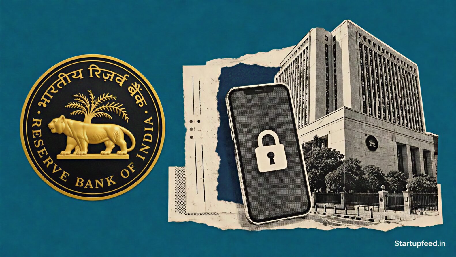 RBI Device Locking Rules illustrated with Reserve Bank emblem, financed smartphone lock motif and regulatory document scene
