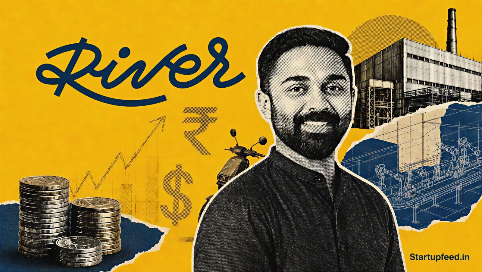 River Mobility Series C funding scene with River Indie scooter, investor logos and $120 Mn expansion symbols in halftone collage