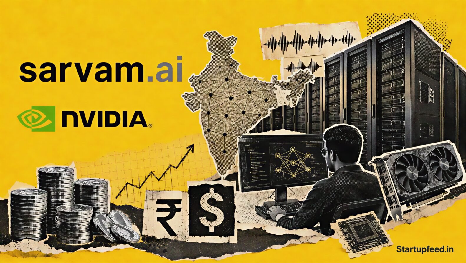 Sarvam AI funding series b visual with official Sarvam AI and NVIDIA logos, halftone AI servers, stacked coins and India-focused model infrastructure