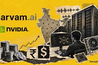 Sarvam AI funding series b visual with official Sarvam AI and NVIDIA logos, halftone AI servers, stacked coins and India-focused model infrastructure