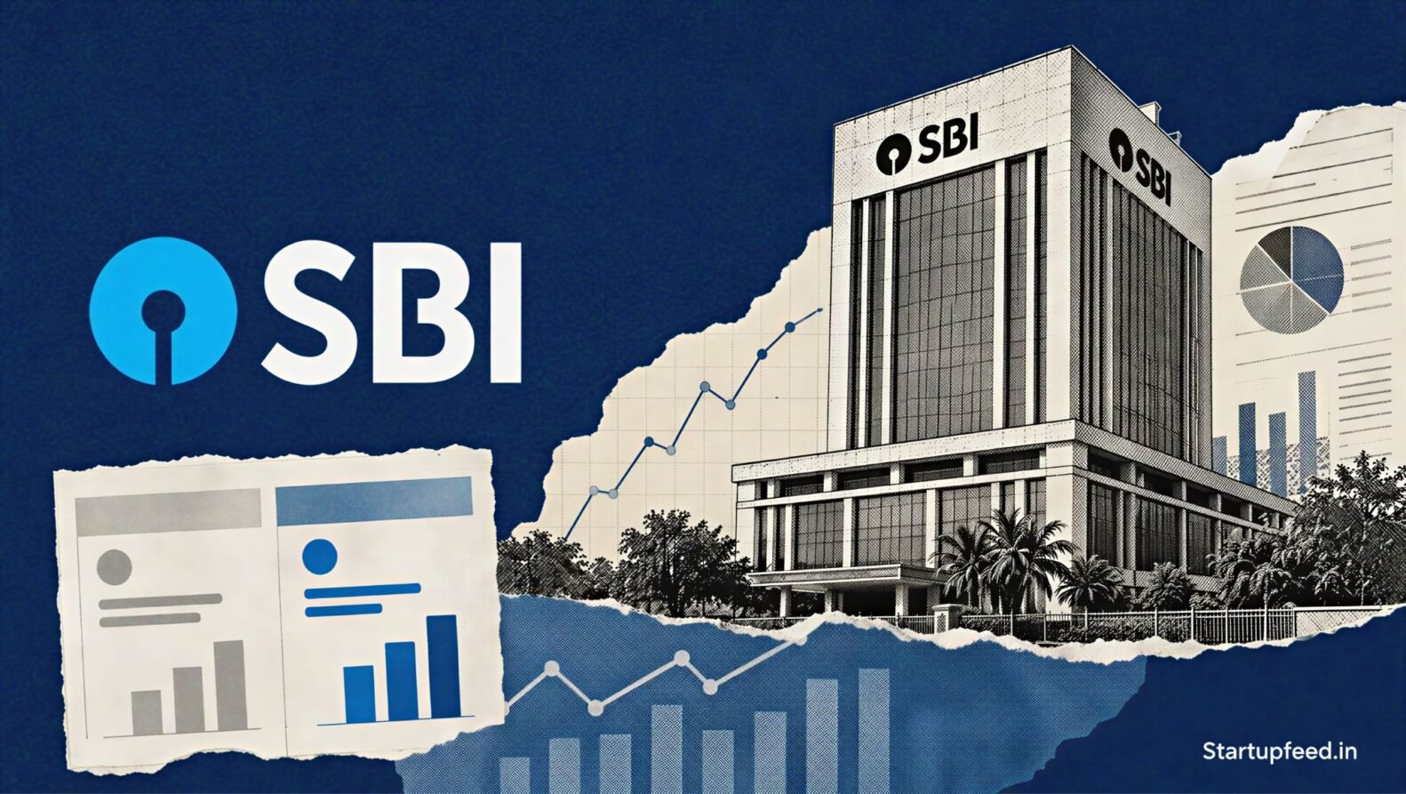 SBI Q1 profit results collage with State Bank of India logo, headquarters sketch and abstract earnings charts