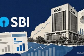 SBI Q1 profit results collage with State Bank of India logo, headquarters sketch and abstract earnings charts