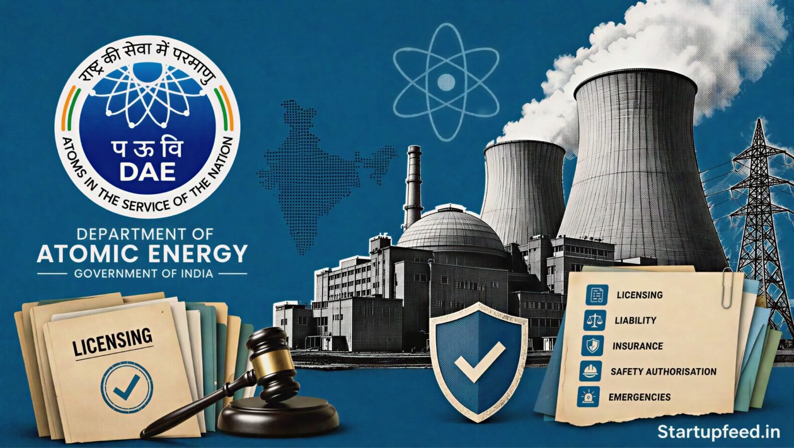SHANTI Act Rules visualised through India’s atomic energy emblem, a halftone nuclear plant and official policy-document fragments