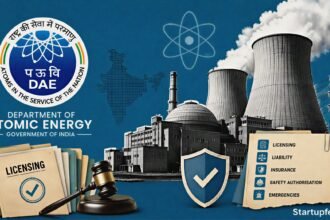 SHANTI Act Rules visualised through India’s atomic energy emblem, a halftone nuclear plant and official policy-document fragments