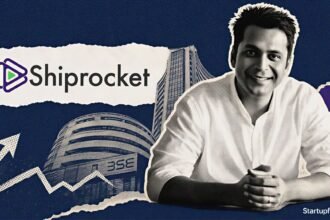Shiprocket IPO editorial collage with Saahil Goel, the company logo, a stock-exchange silhouette and an upward market arrow