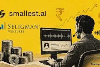 Smallest.ai funding scene with a voice AI workstation, company logo, Seligman Ventures logo and Rs 124 Cr Series A backing