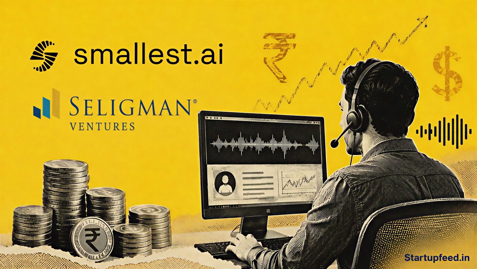 Smallest.ai funding scene with a voice AI workstation, company logo, Seligman Ventures logo and Rs 124 Cr Series A backing