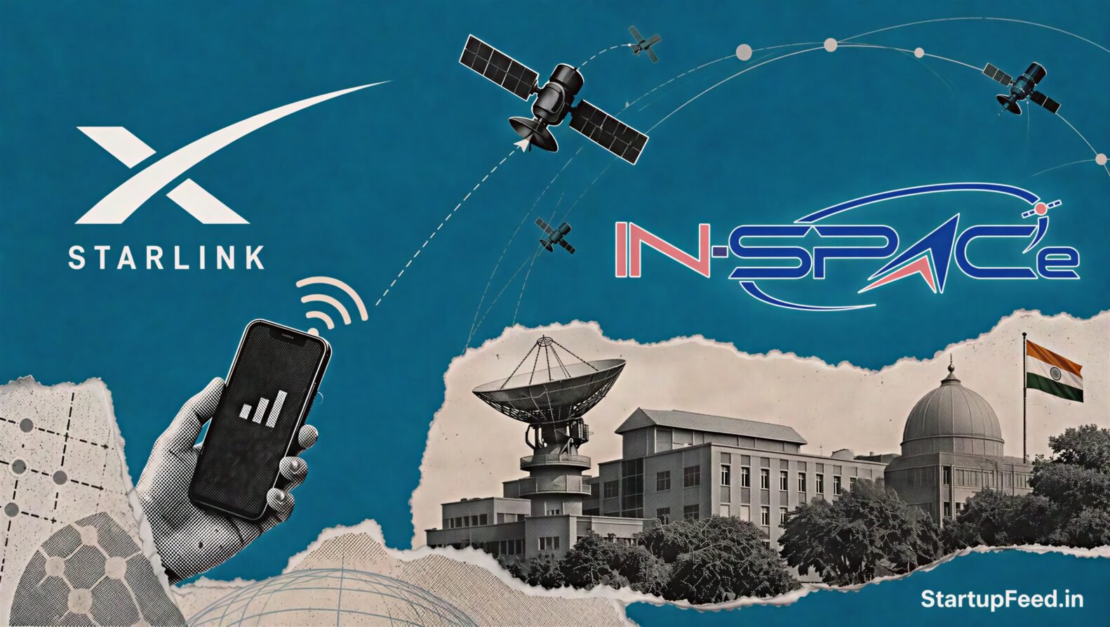 Starlink Gen 2 India filing shown with Starlink logo, IN-SPACe emblem and satellite orbit scene