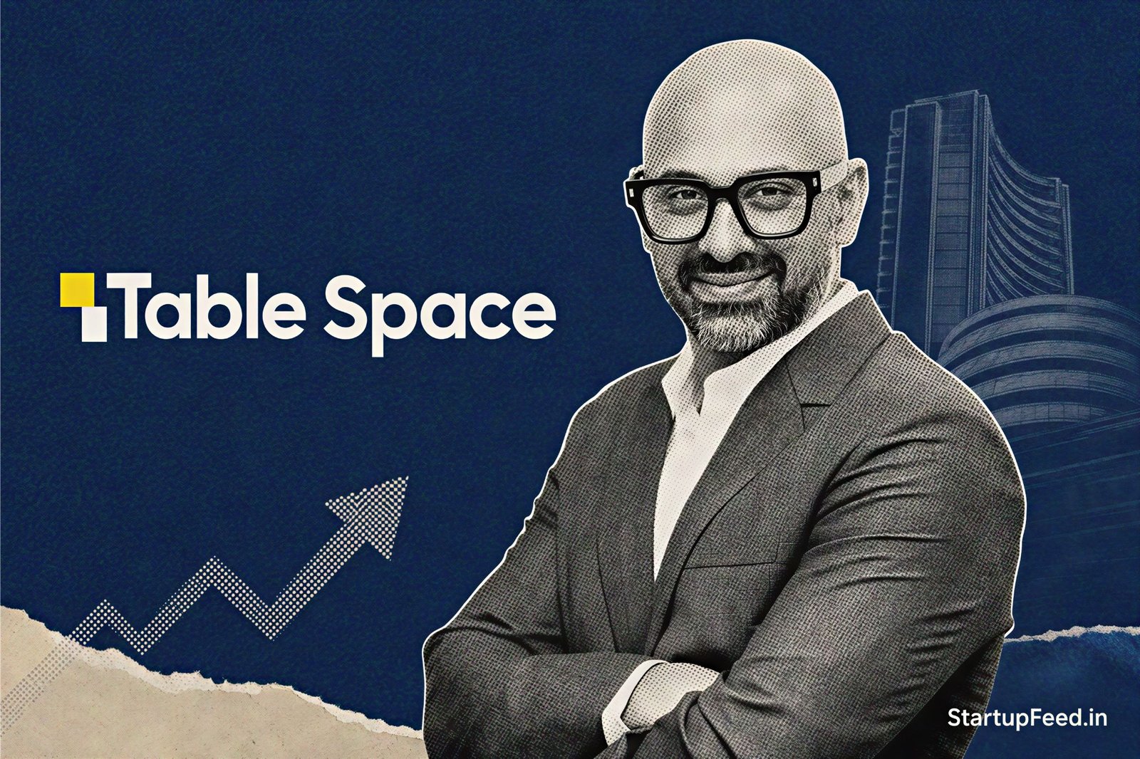 Karan Chopra, Table Space founder, beside company logo for Table Space IPO filing with Rs 800 Cr fresh issue