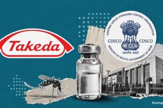 Takeda Dengue Vaccine approval visual with Takeda logo, CDSCO emblem, vaccine vial and mosquito silhouettes on a deep teal background