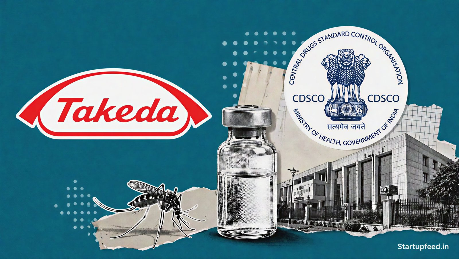 Takeda Dengue Vaccine approval visual with Takeda logo, CDSCO emblem, vaccine vial and mosquito silhouettes on a deep teal background