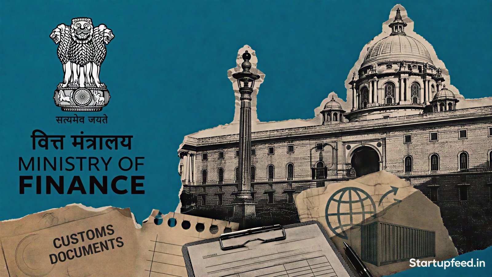 Tariff Rationalisation to Continue policy scene with Finance Ministry emblem and Indian government setting representing FY28 customs duty reform