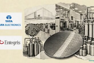 Tata Dholera Fab Entegris Talks visualised with semiconductor wafers, ultra-pure chemical systems, fab machinery, and both company logos