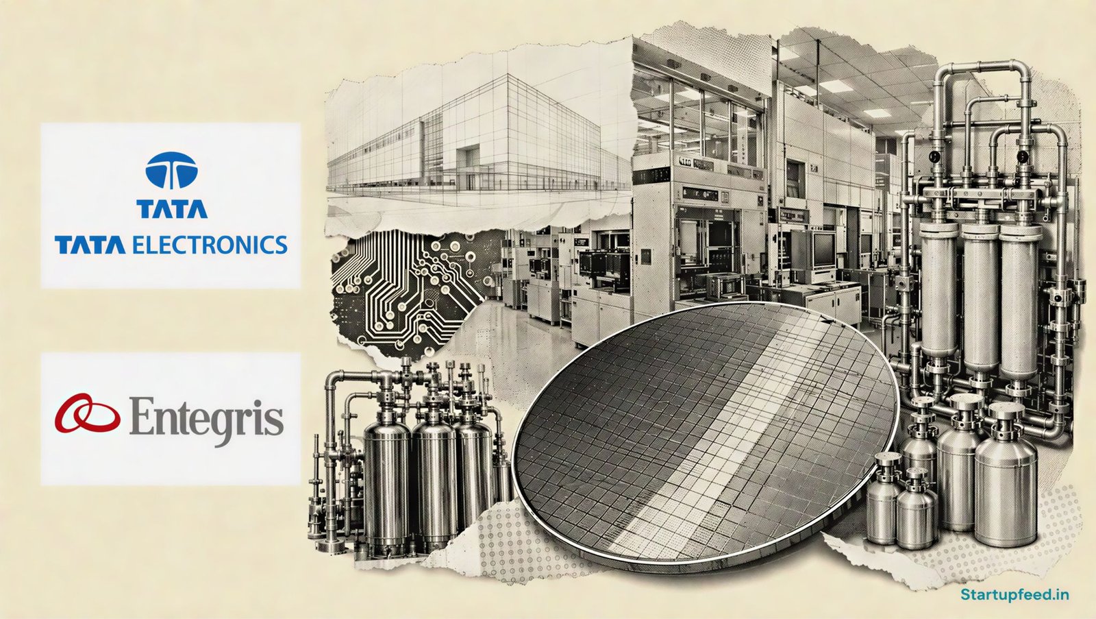 Tata Dholera Fab Entegris Talks visualised with semiconductor wafers, ultra-pure chemical systems, fab machinery, and both company logos