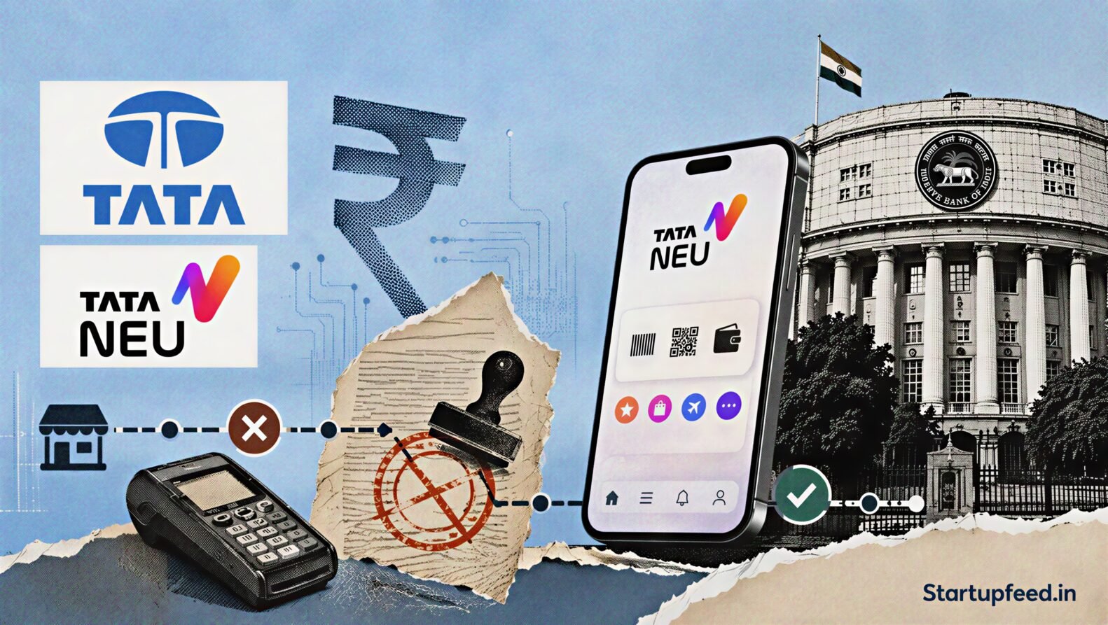 Tata Payments exit shown through Tata Neu app, RBI headquarters and third-party payment rail motifs