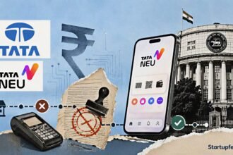 Tata Payments exit shown through Tata Neu app, RBI headquarters and third-party payment rail motifs