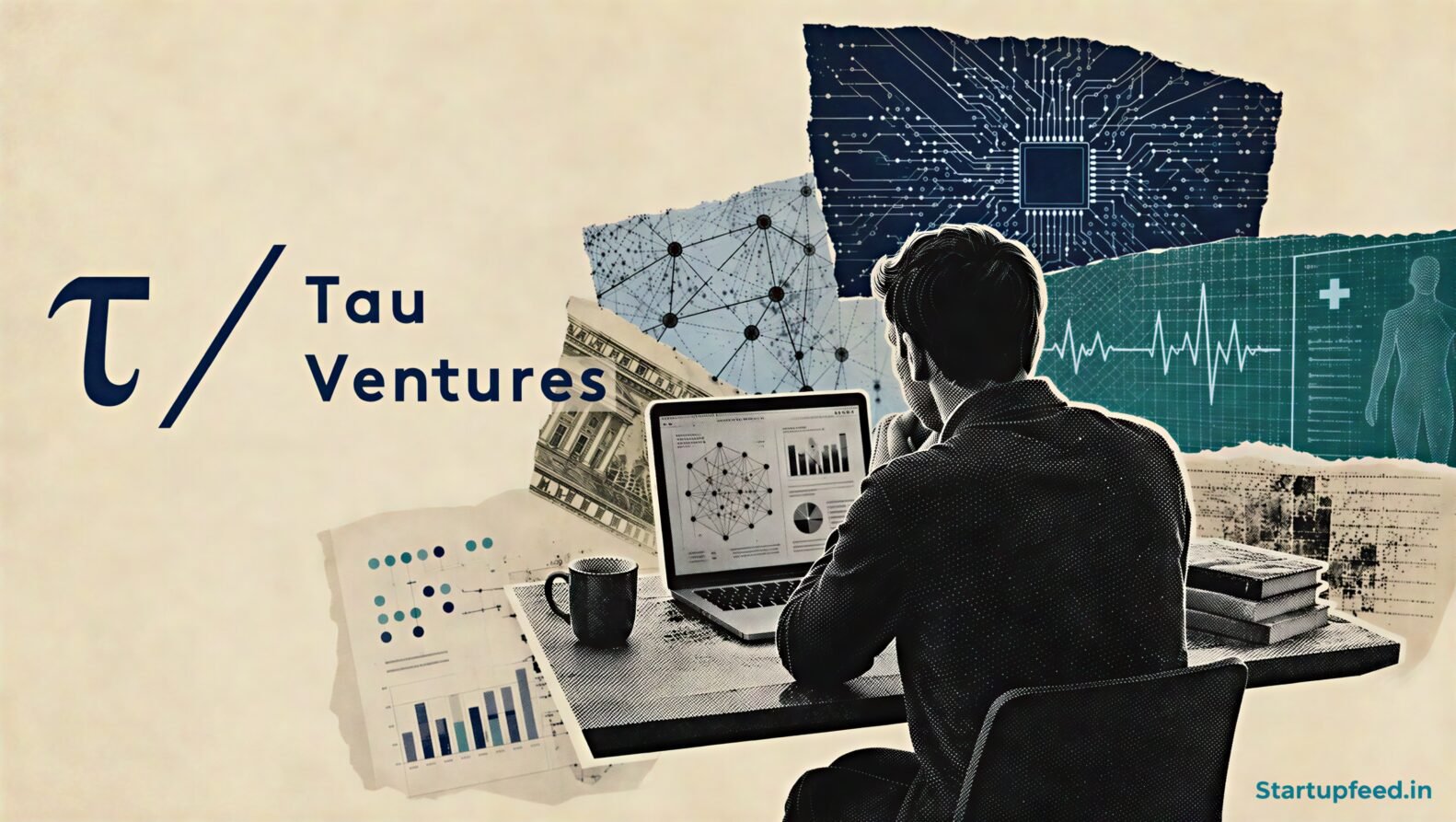 Tau Ventures AI Fund editorial collage showing its selective applied AI seed strategy and one-startup-a-month investment approach