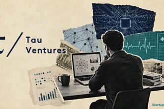 Tau Ventures AI Fund editorial collage showing its selective applied AI seed strategy and one-startup-a-month investment approach