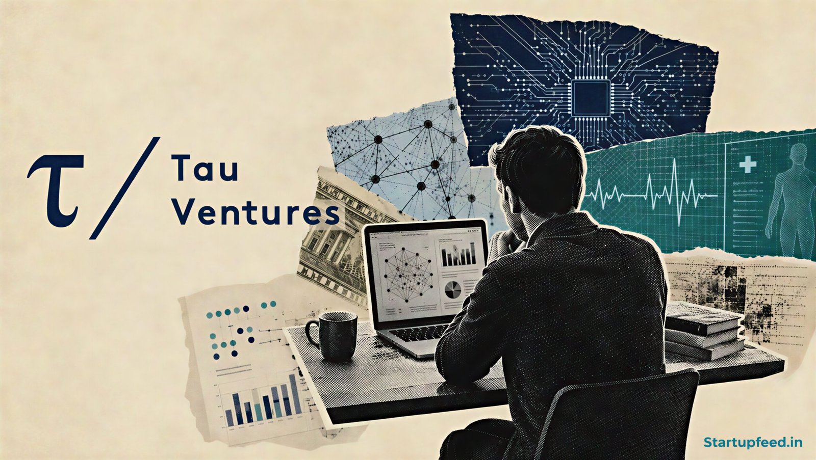 Tau Ventures AI Fund editorial collage showing its selective applied AI seed strategy and one-startup-a-month investment approach