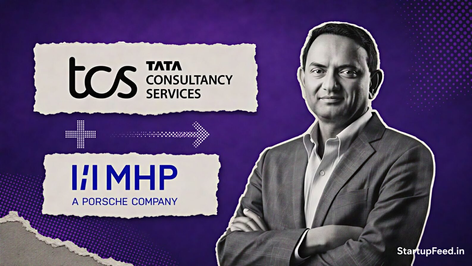 TCS MHP acquisition led by CEO K Krithivasan with TCS and MHP logos on a purple background