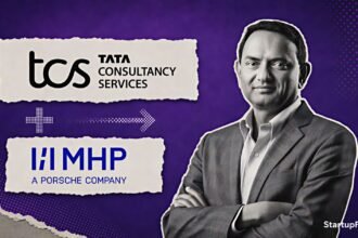 TCS MHP acquisition led by CEO K Krithivasan with TCS and MHP logos on a purple background