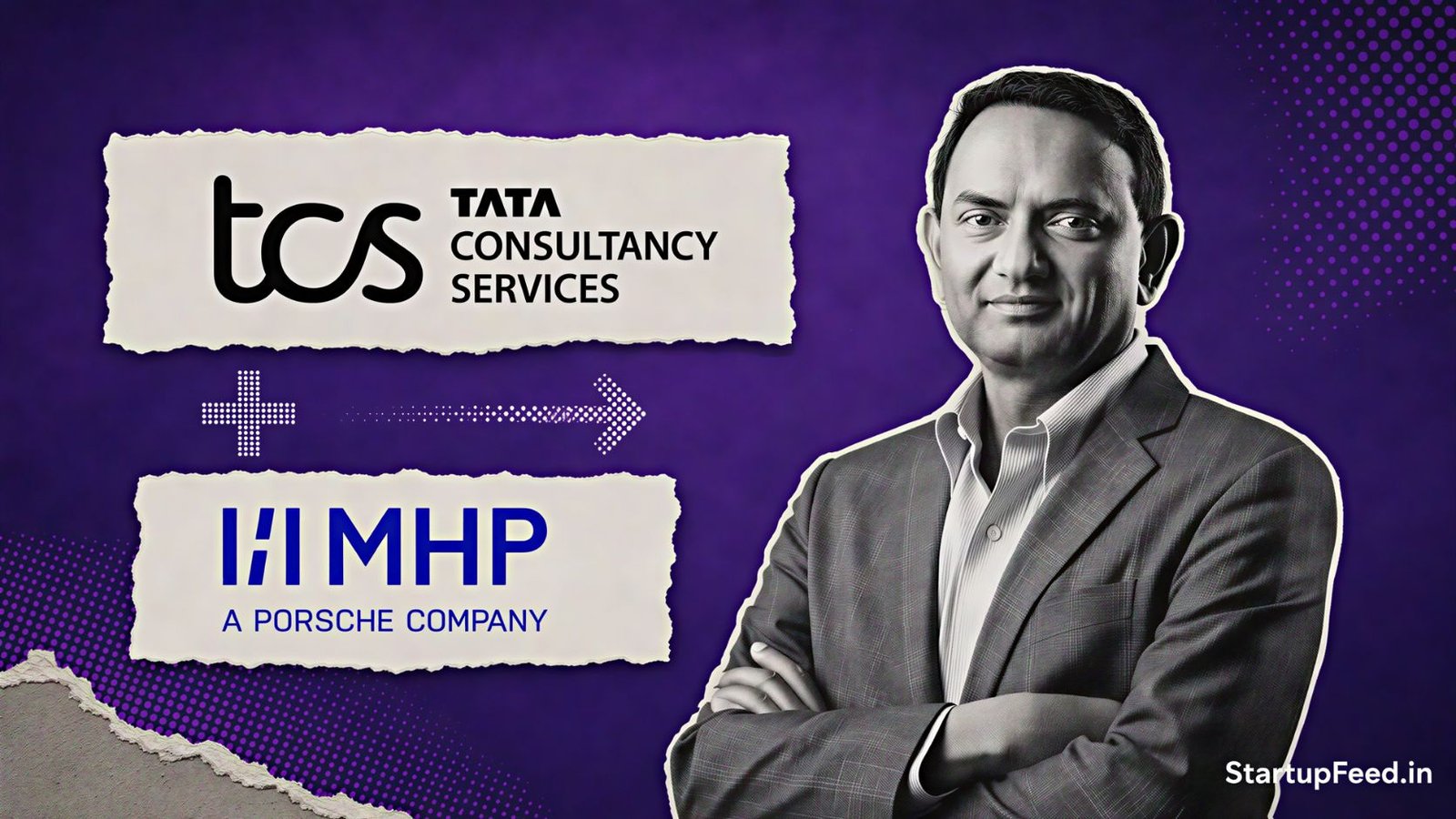 TCS MHP acquisition led by CEO K Krithivasan with TCS and MHP logos on a purple background