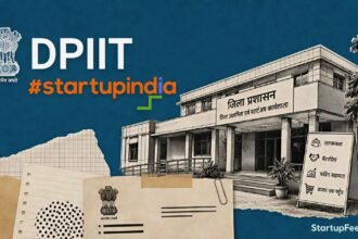 TEJAS Startup India outreach with Startup India logo, DPIIT emblem and district office sketch across 132 districts