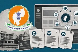 Tripura startup policy visual with Government of Tripura emblem and T-RISE portal network elements