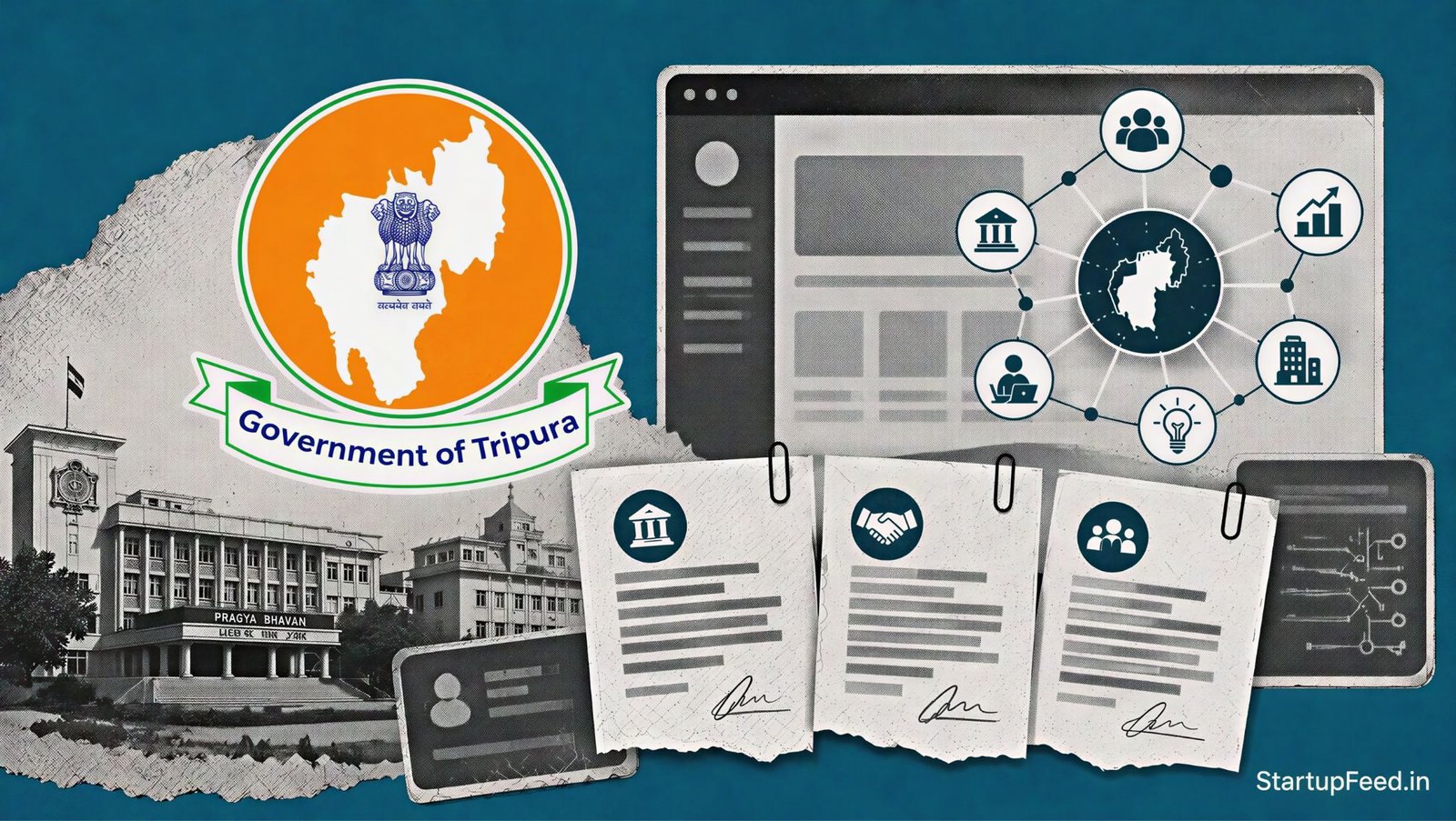 Tripura Launches T-RISE Startup Portal, Signs 3 MoUs 41 Tripura startup policy visual with Government of Tripura emblem and T-RISE portal network elements
