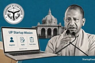 UP Startup Mission portal represented by the Uttar Pradesh government emblem and Vidhan Bhavan in Lucknow