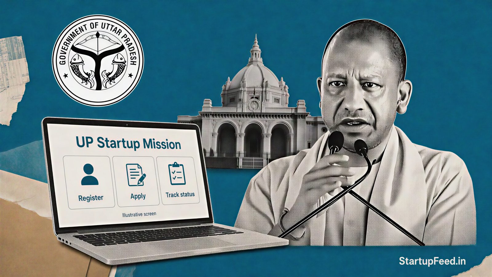 UP Startup Mission portal represented by the Uttar Pradesh government emblem and Vidhan Bhavan in Lucknow