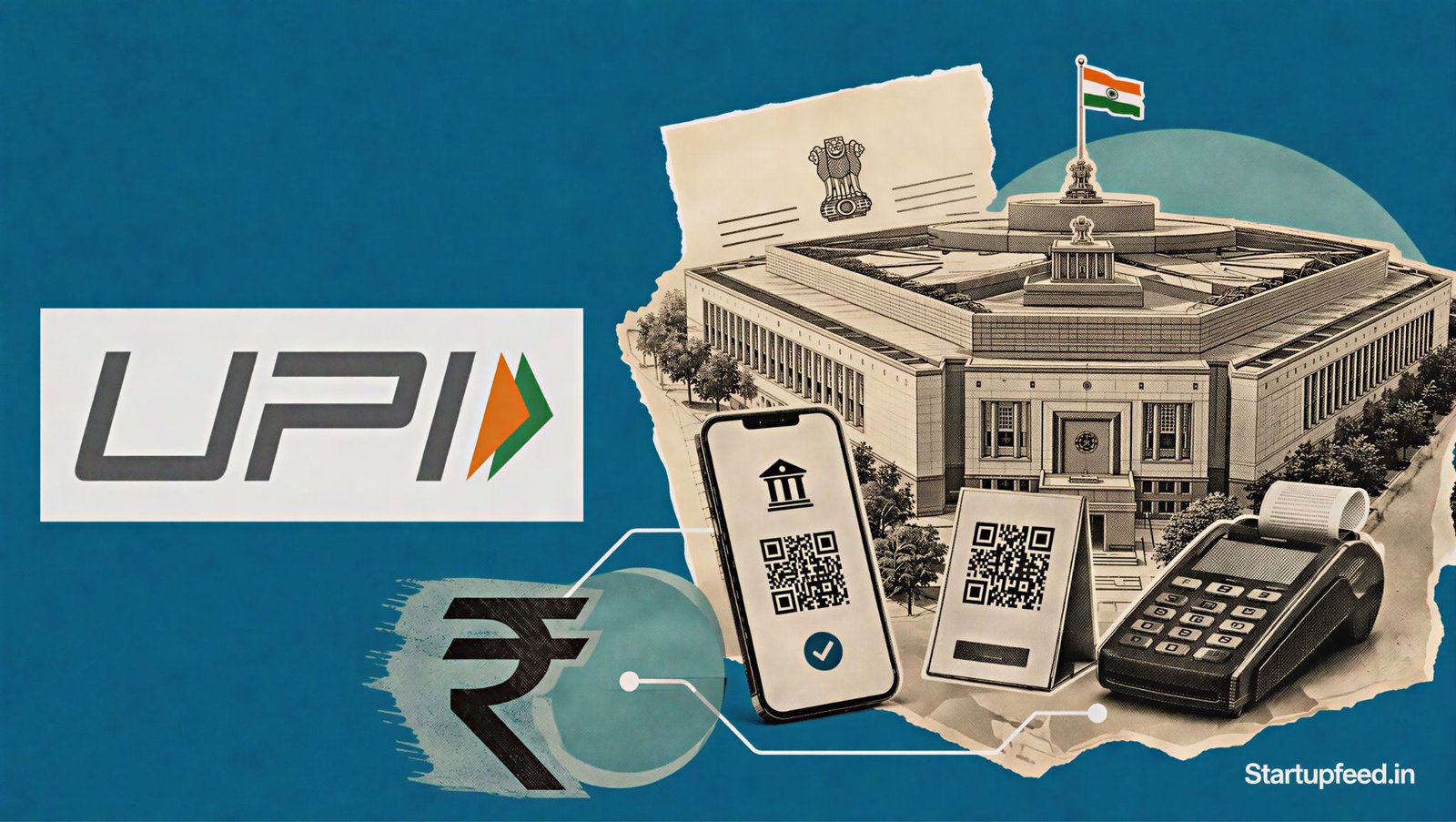 UPI MDR return visual with Parliament building, official UPI logo and high-value digital payment motifs