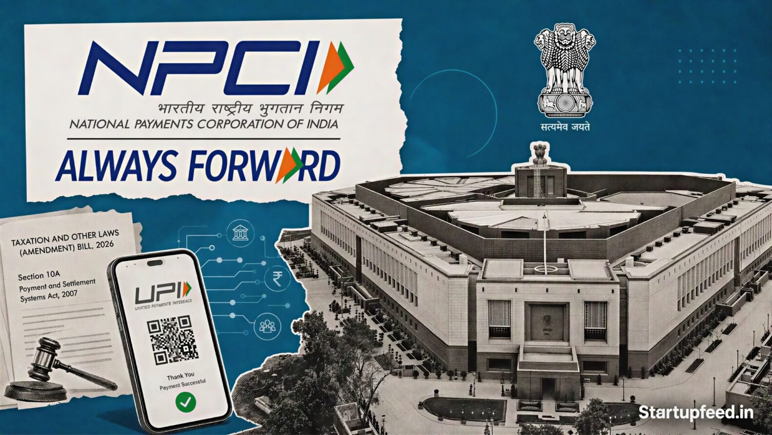 UPI stays free policy scene with official UPI branding, Government of India emblem and halftone Parliament imagery