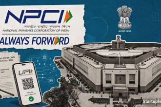 UPI stays free policy scene with official UPI branding, Government of India emblem and halftone Parliament imagery