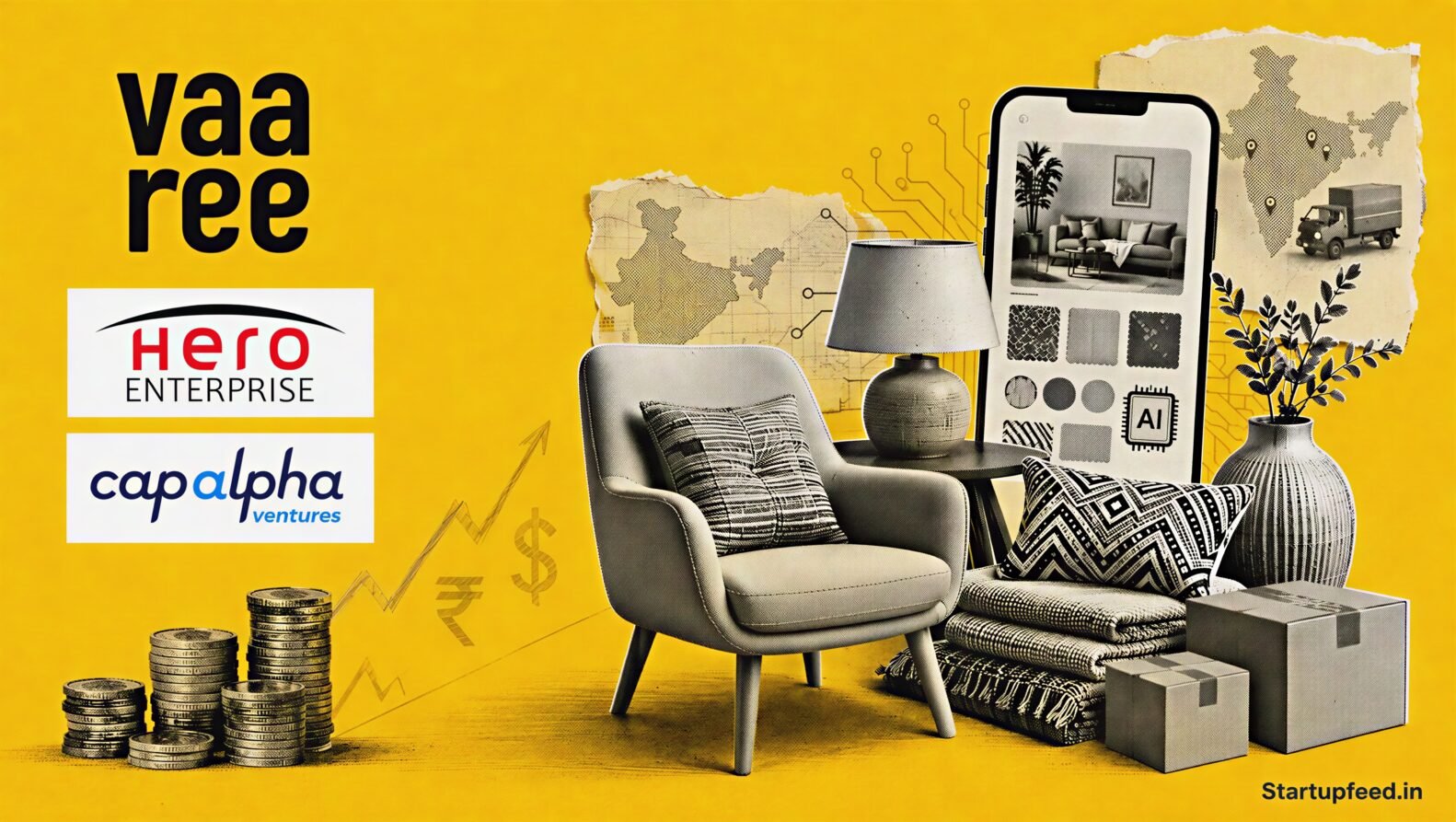 Vaaree bags Rs 65 Cr as a halftone home decor collage features fulfilment boxes, AI styling motifs and investor logos