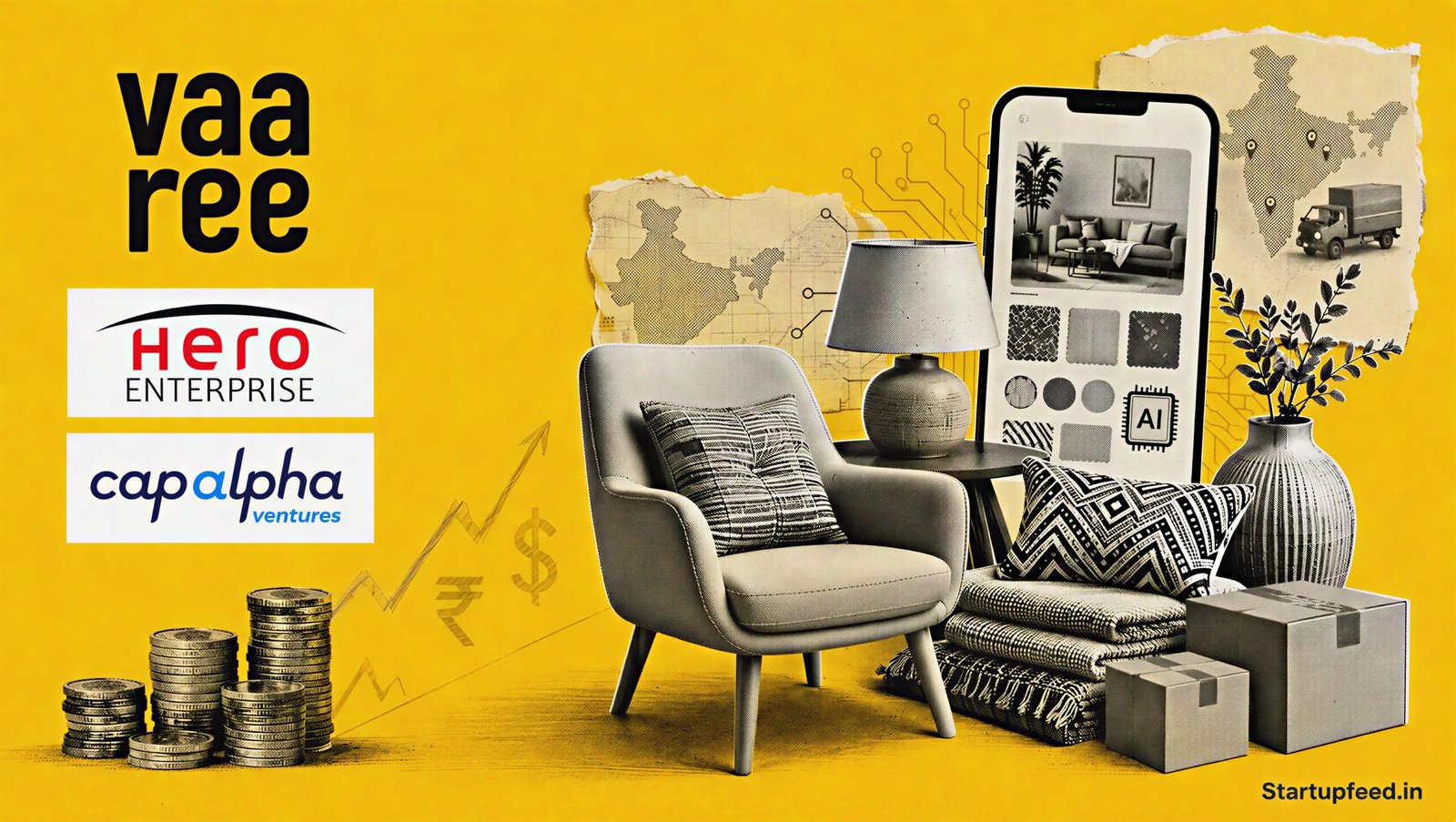 Vaaree bags Rs 65 Cr as a halftone home decor collage features fulfilment boxes, AI styling motifs and investor logos