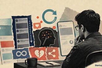 The Validation trap editorial collage with a silhouetted founder, app-interface loops, notification dots and compulsive engagement design cues