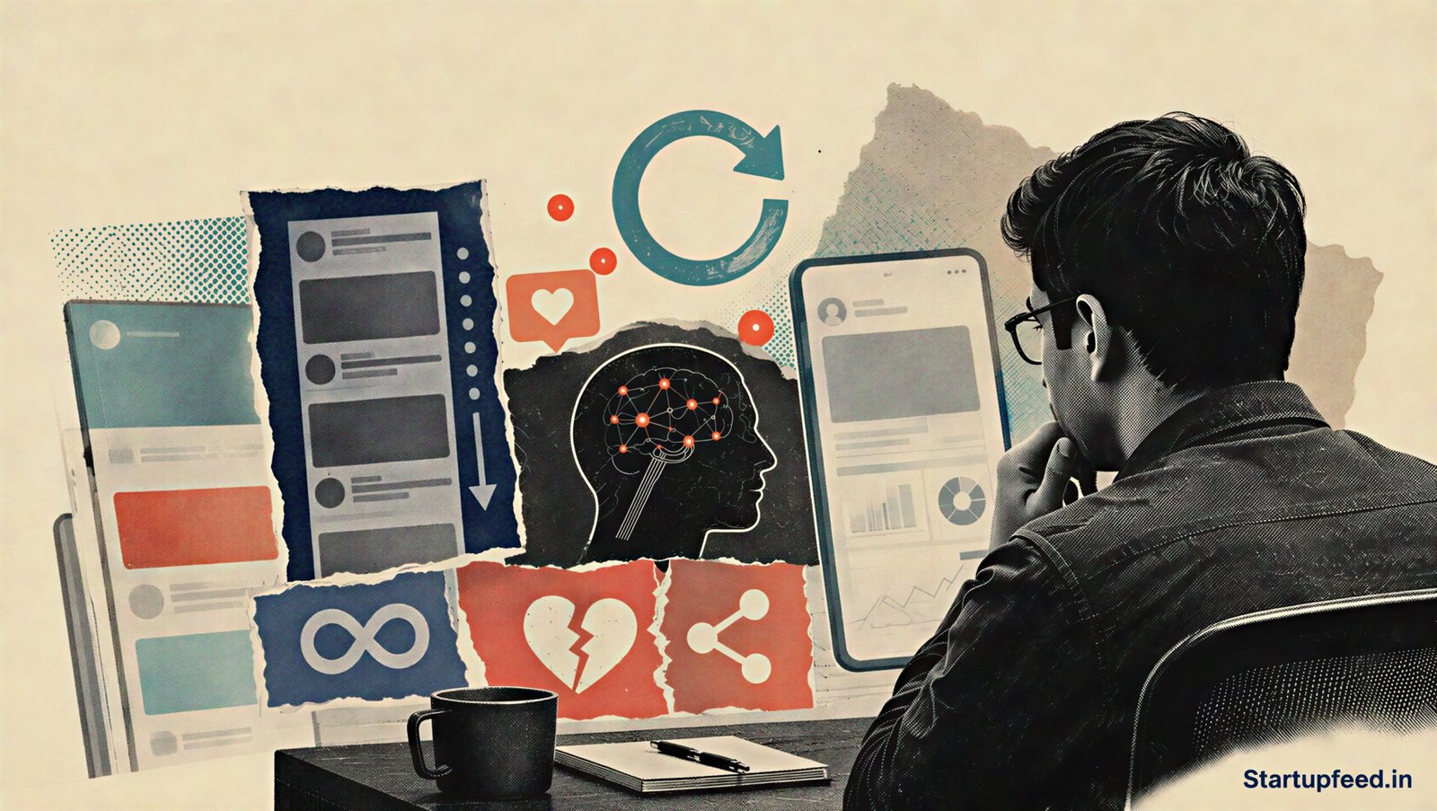 The Validation trap editorial collage with a silhouetted founder, app-interface loops, notification dots and compulsive engagement design cues