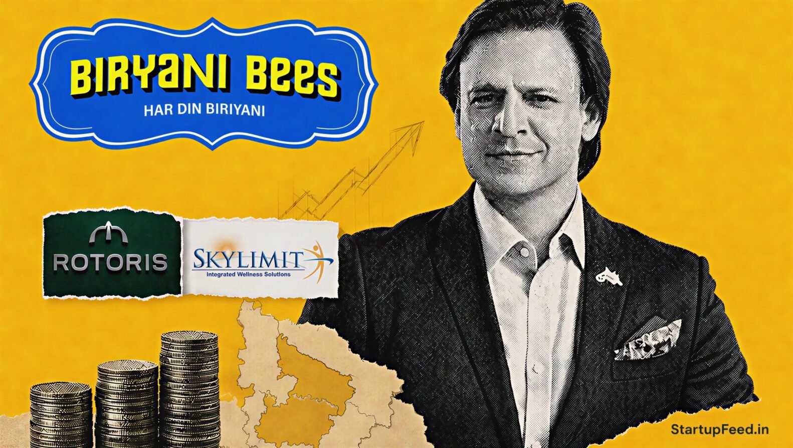 Vivek Oberoi with Biryani Bees and Rotoris logos for Vivek Oberoi Family Office investments