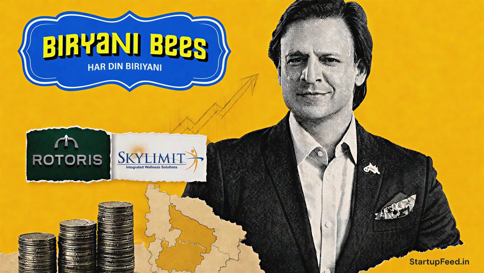 Vivek Oberoi with Biryani Bees and Rotoris logos for Vivek Oberoi Family Office investments