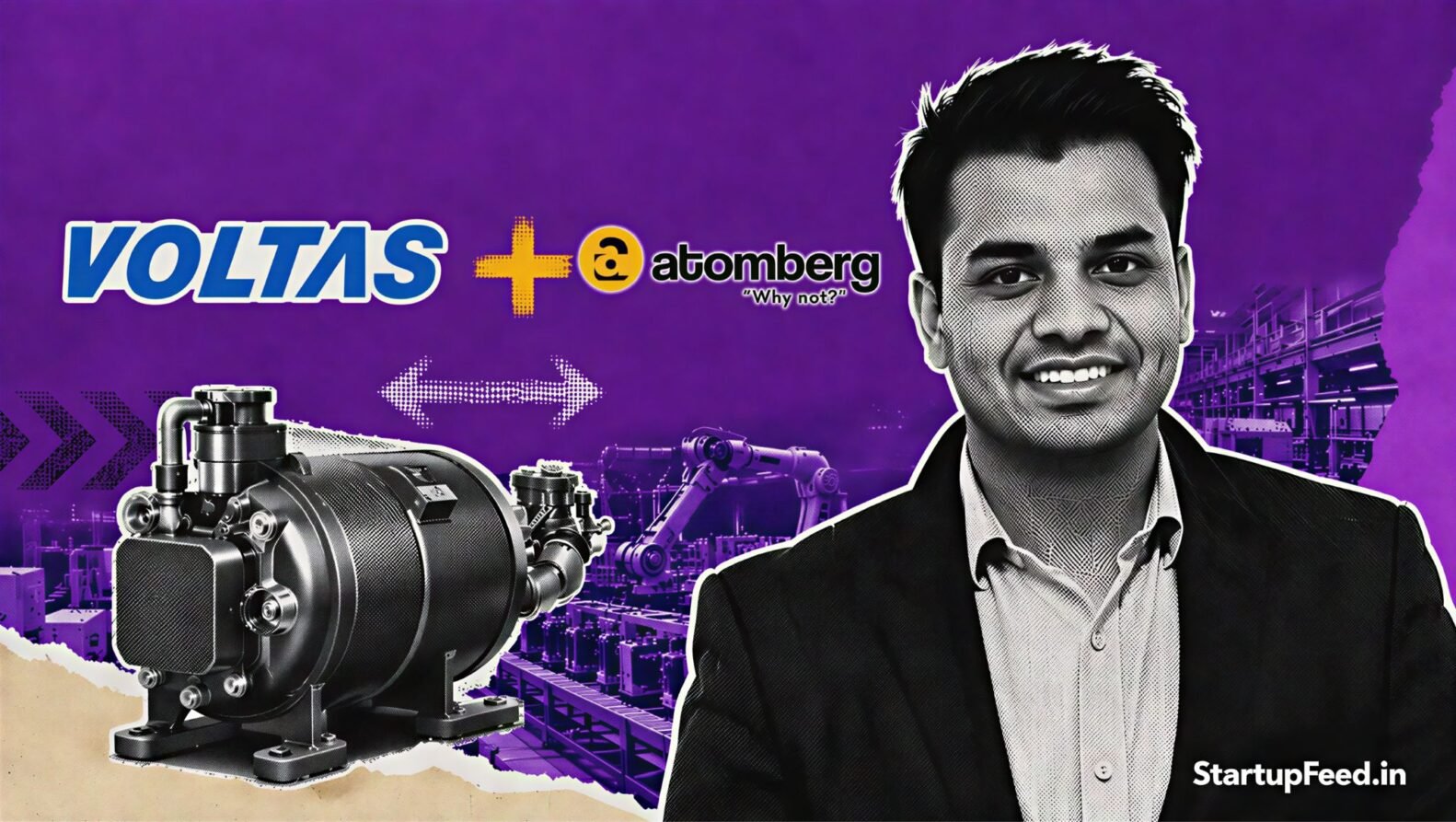Voltas Atomberg compressor JV with Manoj Meena and both company logos representing India manufacturing