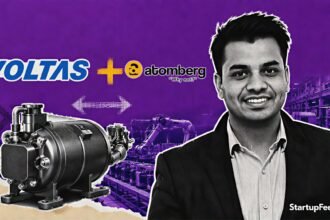 Voltas Atomberg compressor JV with Manoj Meena and both company logos representing India manufacturing