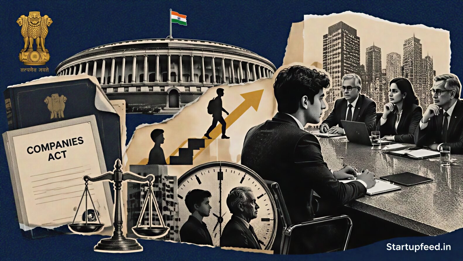 India corporate law reform showing young entrepreneur leadership, Parliament documents, company boardroom and Companies Act amendment visuals