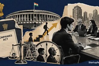 India corporate law reform showing young entrepreneur leadership, Parliament documents, company boardroom and Companies Act amendment visuals