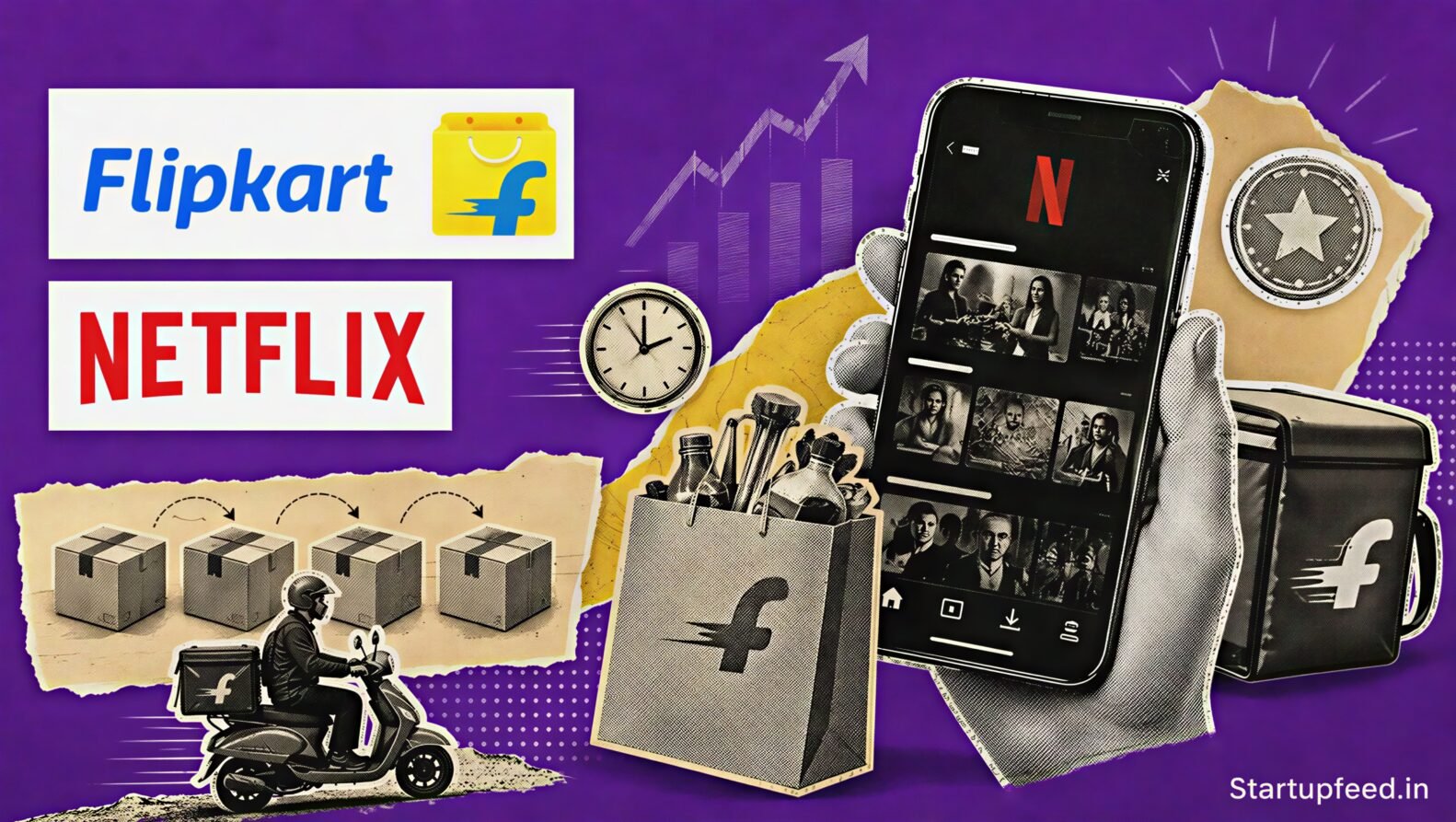 Flipkart Netflix Plan collage with Flipkart and Netflix logos, shopping bags, smartphone streaming and quick-commerce delivery motifs