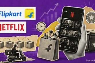 Flipkart Netflix Plan collage with Flipkart and Netflix logos, shopping bags, smartphone streaming and quick-commerce delivery motifs