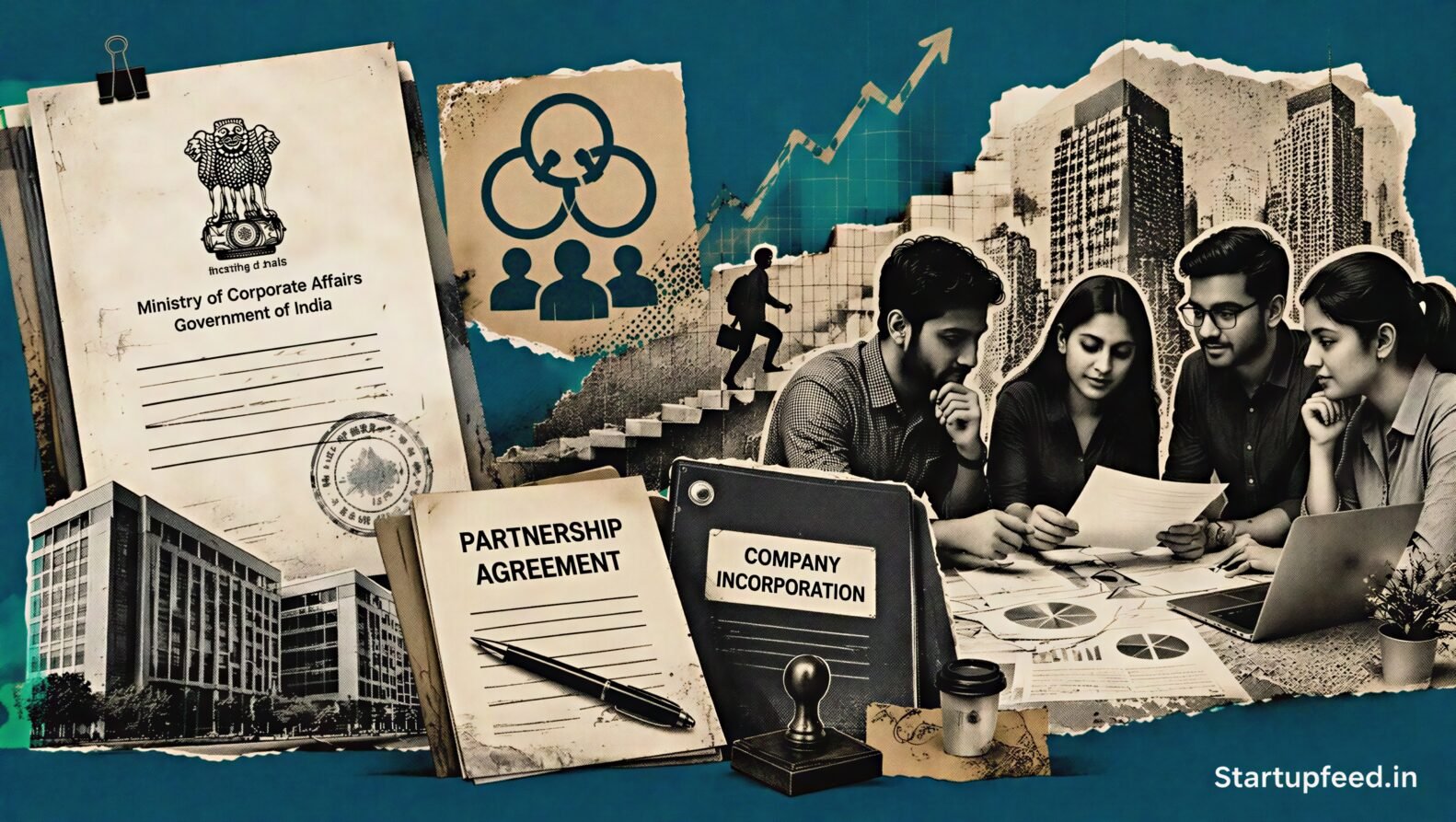 India LLP registrations growth visual with startup founders, MCA documents, partnership structure icons and corporate registration imagery